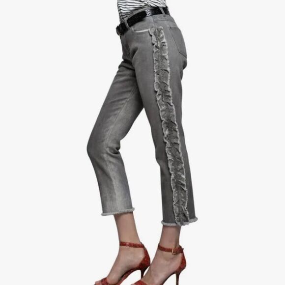 POL | Anthropologie Jeans Pol Ruffle Side Crochet Trim Mid Rise Cropped Gray M - Picture 3 of 12